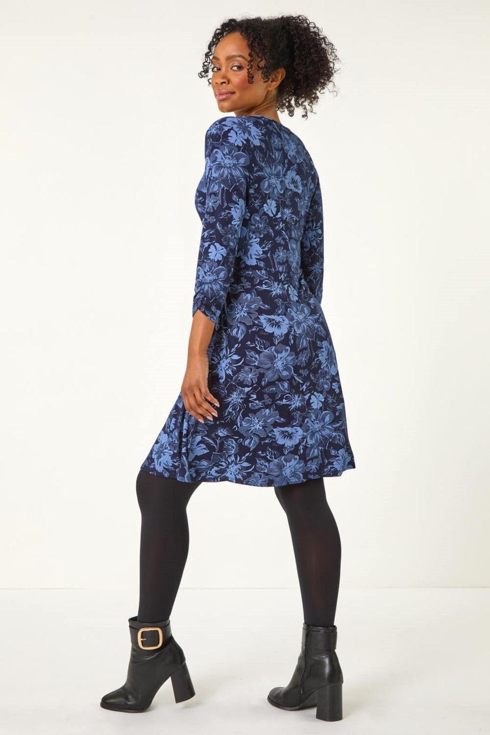 Roman Blue Petite Shadow Floral Wrap Stretch Dress