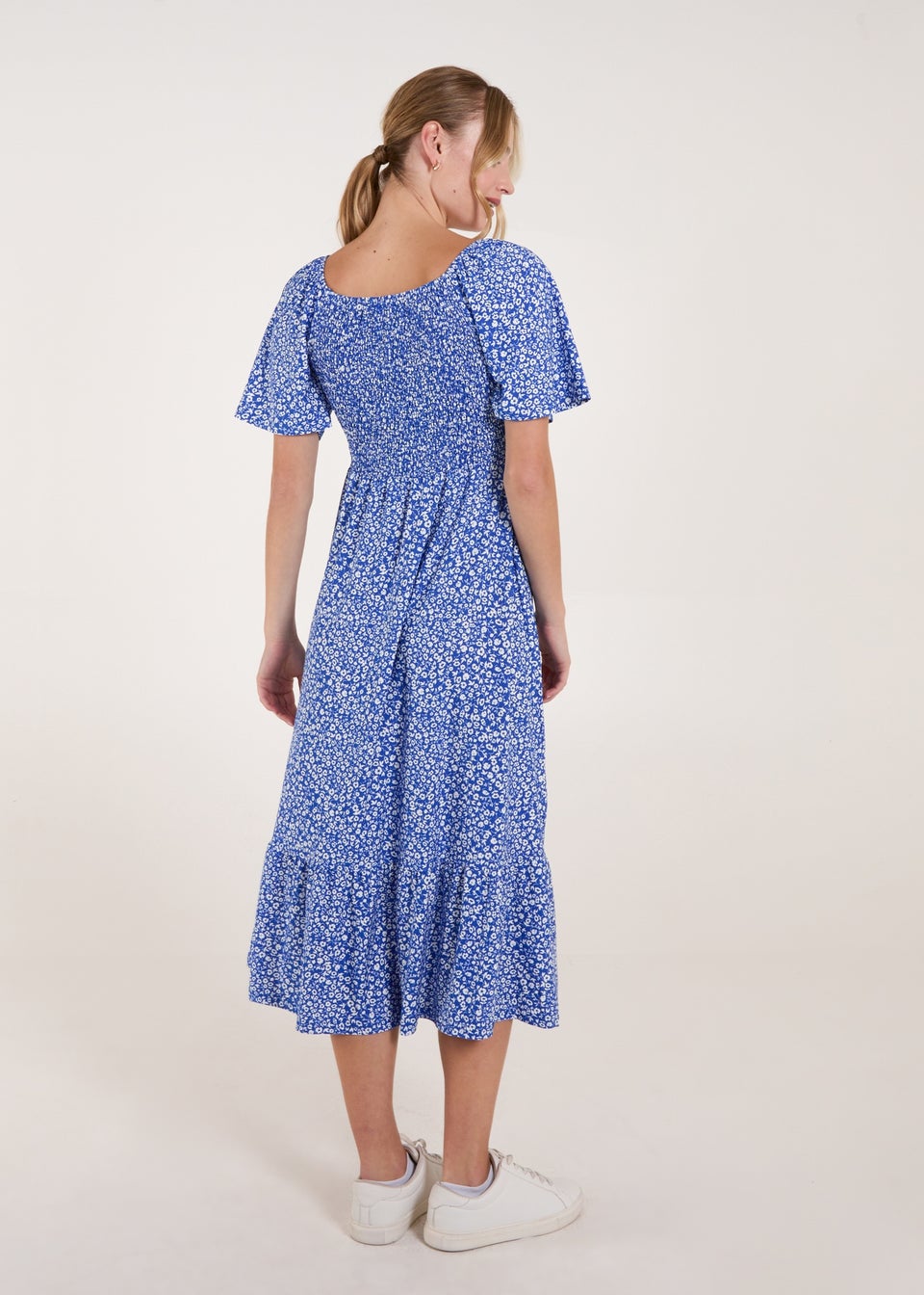 Blue Vanilla Blue Ditsy Floral Tie Front Shirred Waist Midi Dress