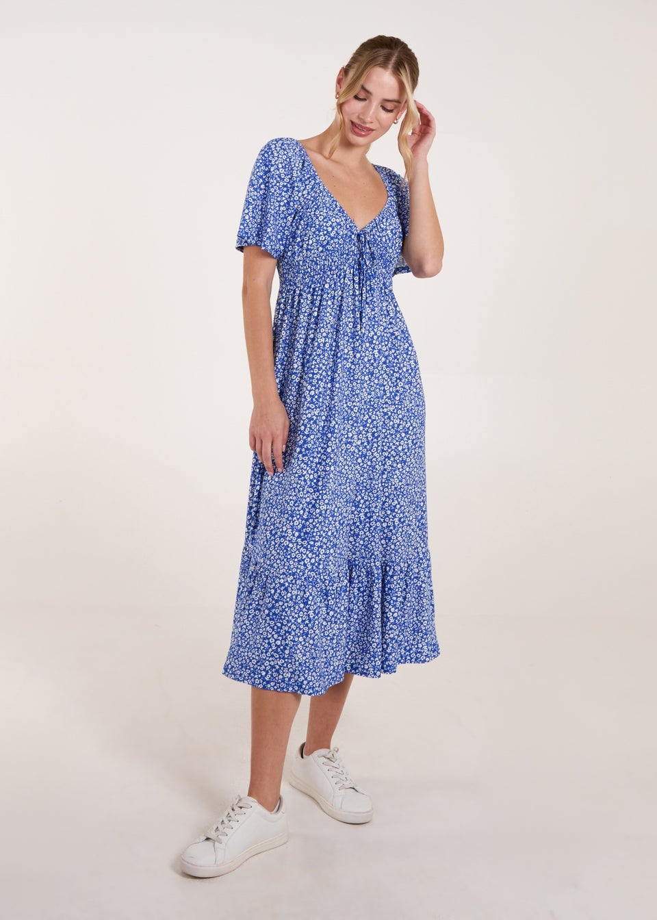 Blue Vanilla Blue Ditsy Floral Tie Front Shirred Waist Midi Dress