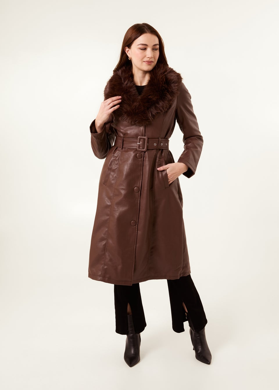 Blue Vanilla Chocolate Faux Fur PU Longline Coat