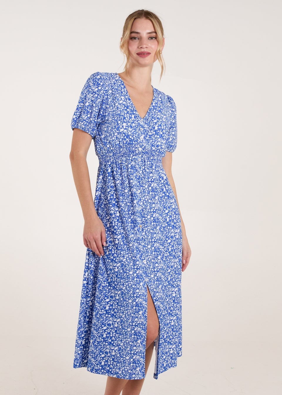 Blue Vanilla Blue Short Sleeve Button Front Split Front Midi Dress