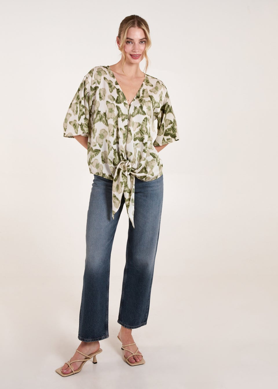 Blue Vanilla Green Tie Front Watercolour Butterfly Printed Top