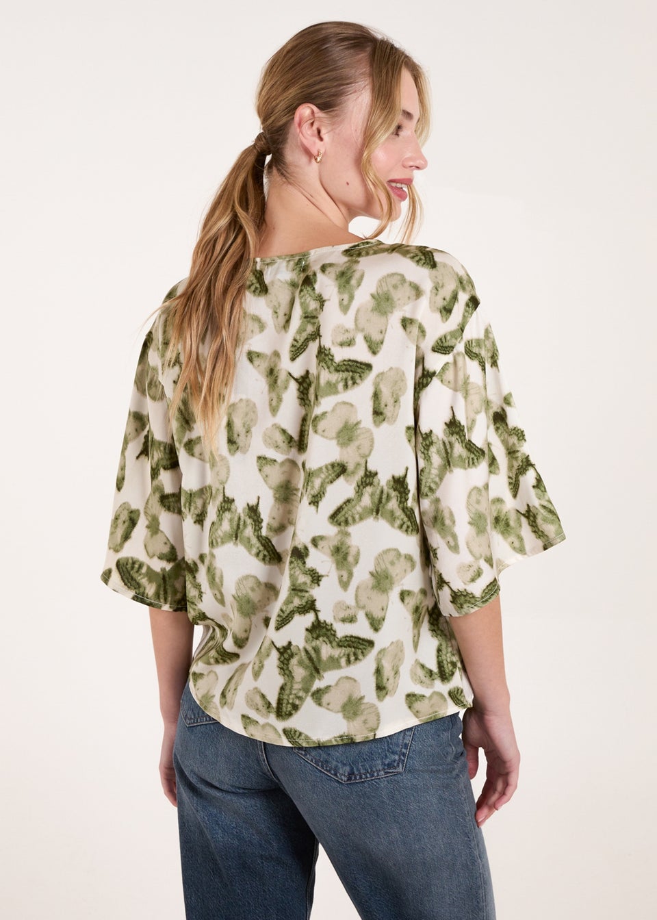Blue Vanilla Green Tie Front Watercolour Butterfly Printed Top