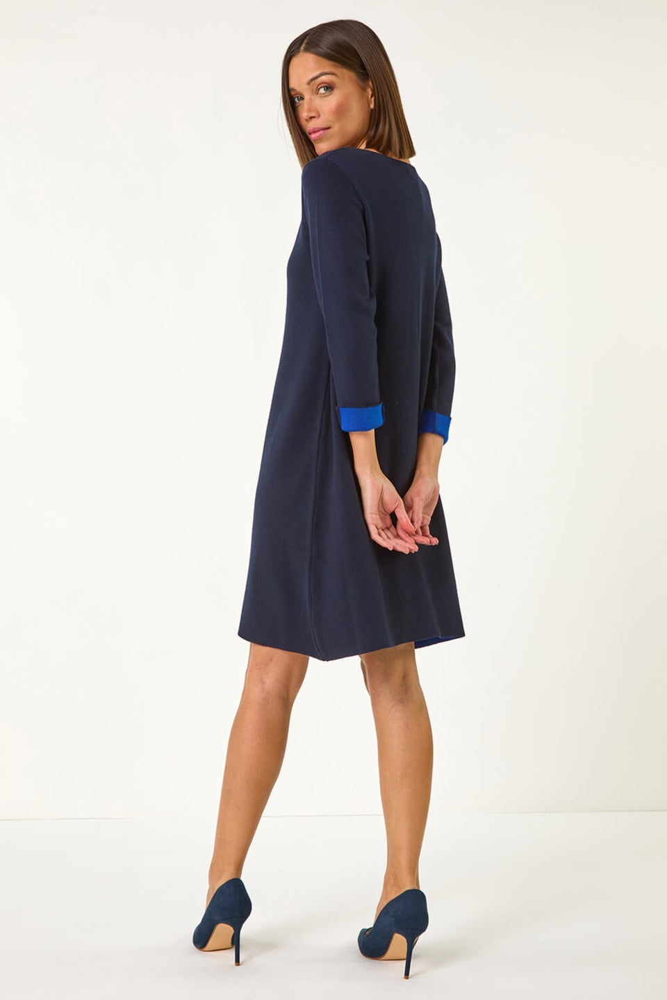 Roman Navy Contrast Sleeve Knitted Shift Dress