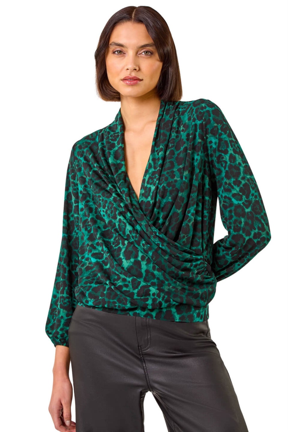 Roman Dark Green Animal Print Wrap Top