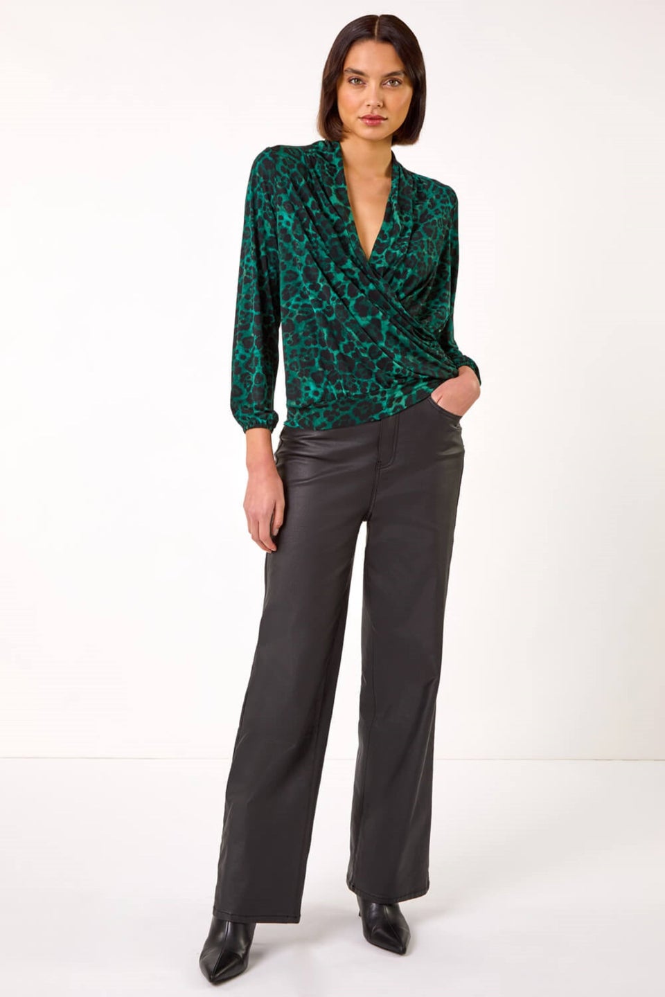 Roman Dark Green Animal Print Wrap Top