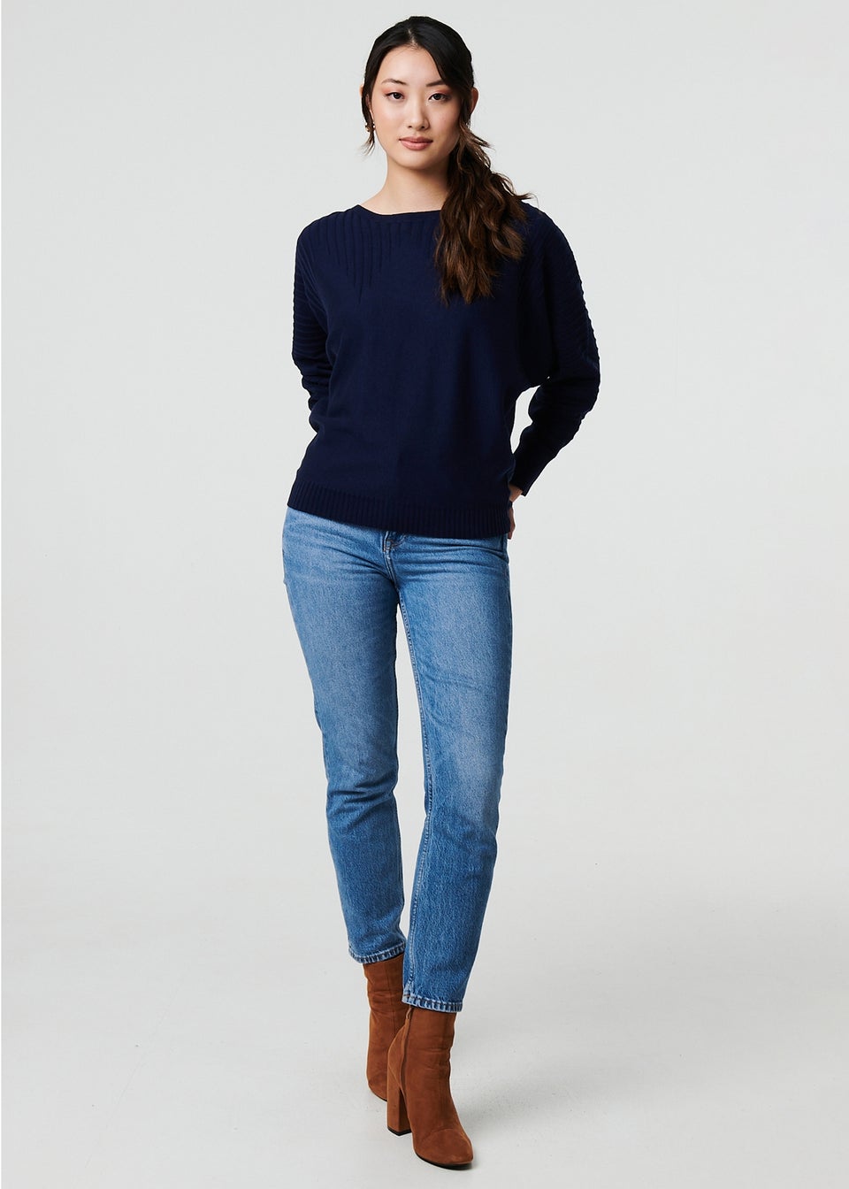 Izabel London Navy Stripe Texture Boat Neck Boxy Fit Jumper