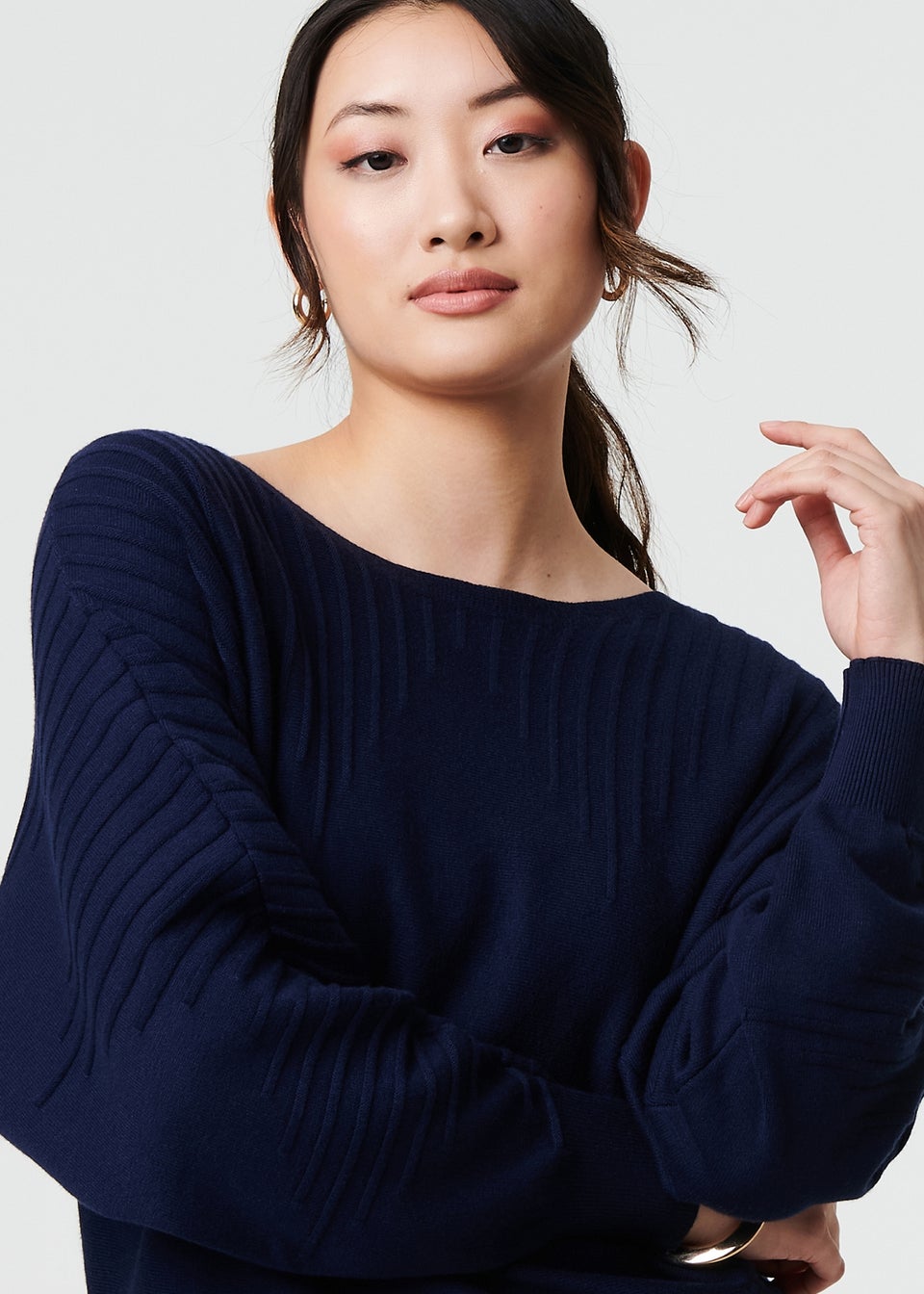 Izabel London Navy Stripe Texture Boat Neck Boxy Fit Jumper