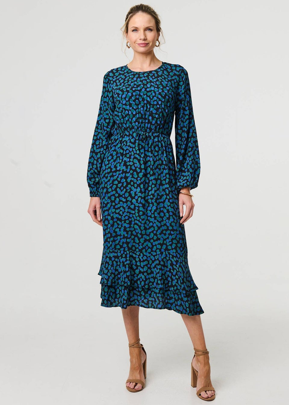 Izabel London Green Printed Flare Sleeve Ruffled Midi Dress