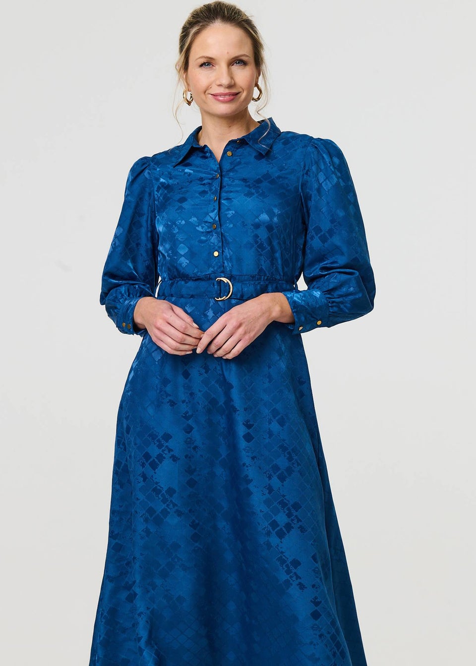 Izabel London Blue Metallic Puff Sleeve Maxi Shirt Dress