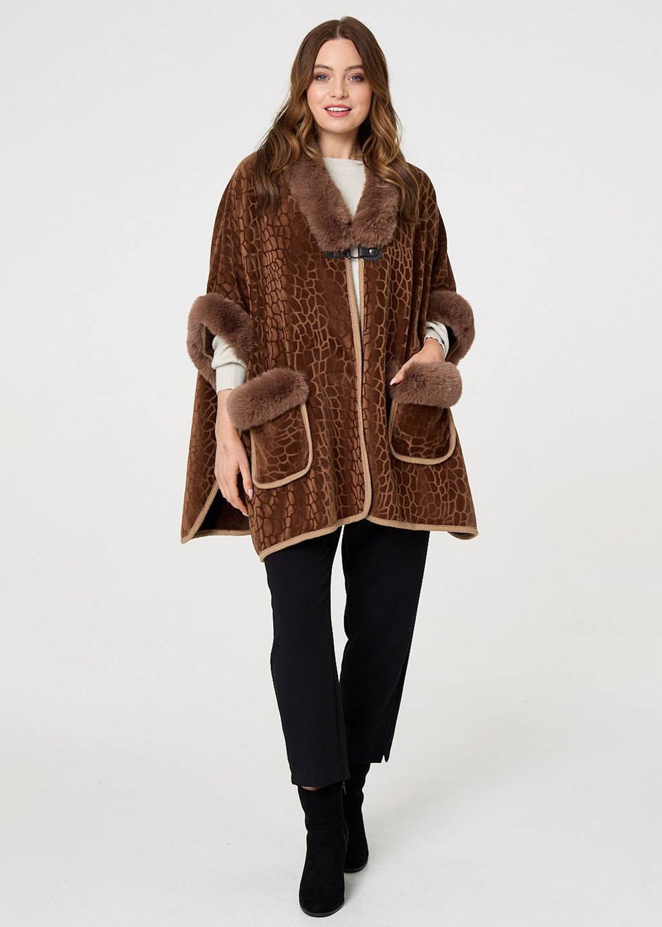 Izabel London Brown Printed Faux Fur Trim Cape Coat