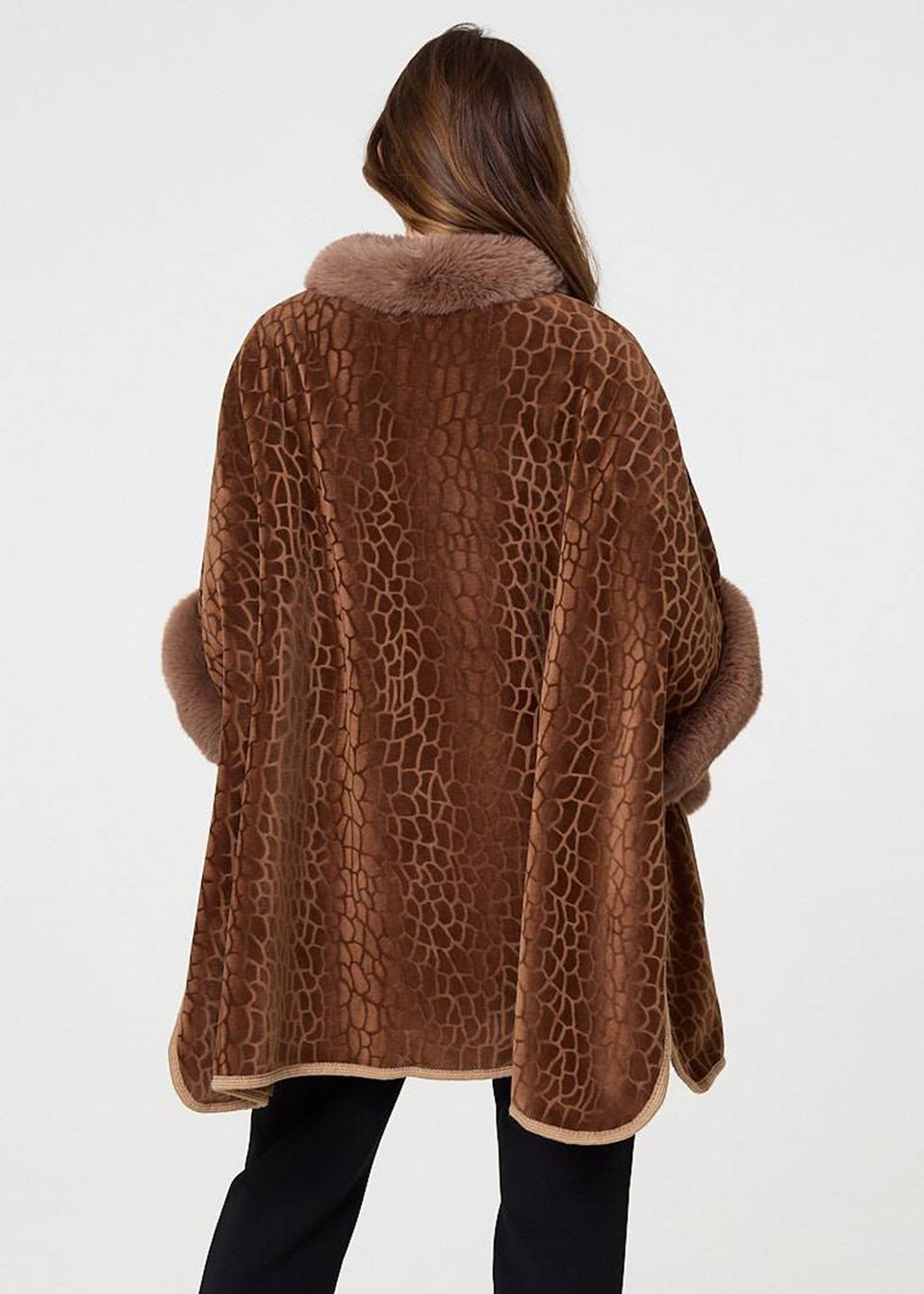 Izabel London Brown Printed Faux Fur Trim Cape Coat