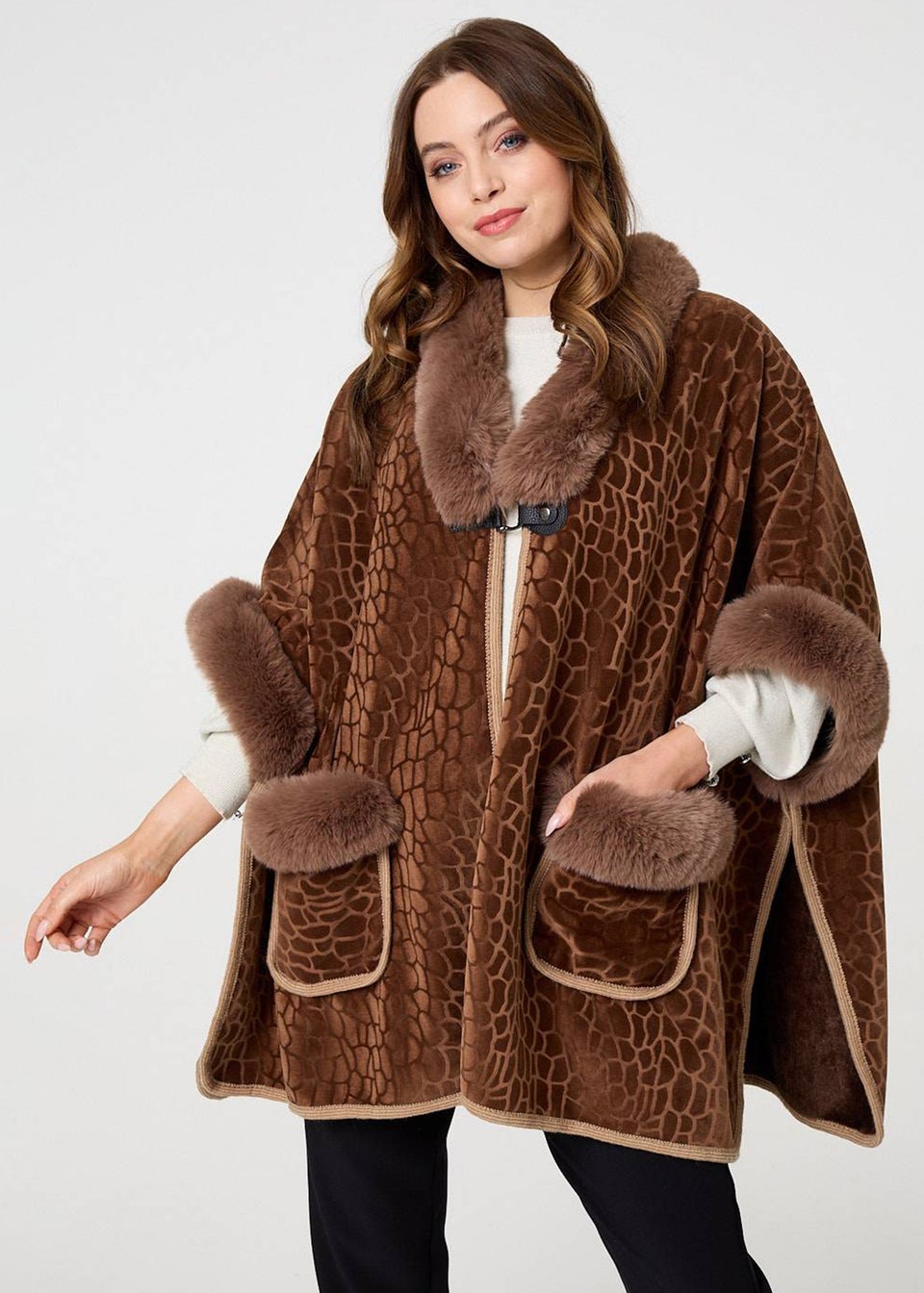 Izabel London Brown Printed Faux Fur Trim Cape Coat