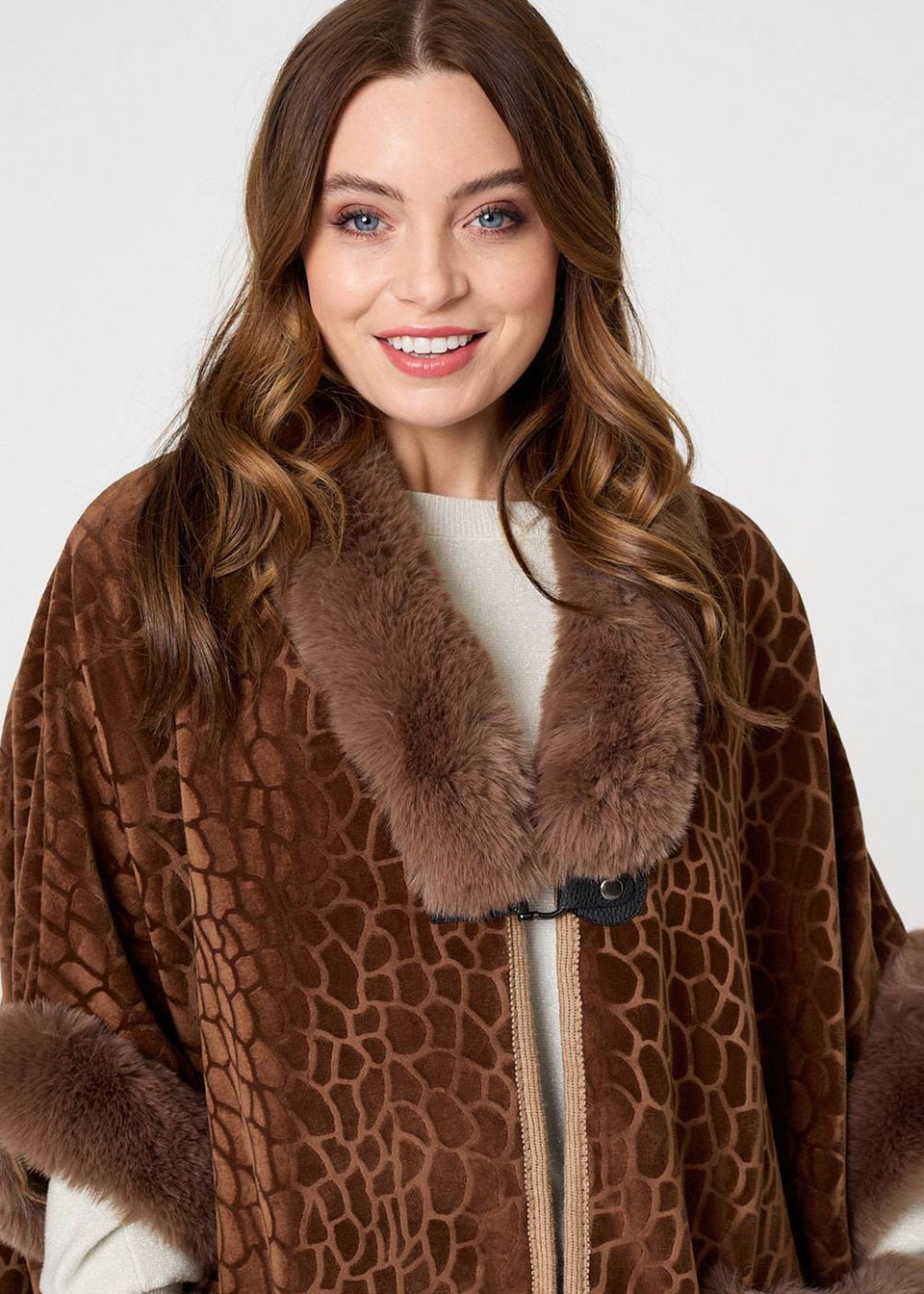Izabel London Brown Printed Faux Fur Trim Cape Coat