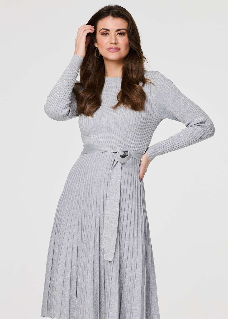 Izabel London Silver Pleated Tie Waist Ribbed Knit Midi Dress