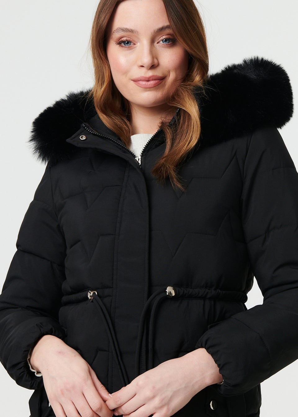 Izabel London Black Faux Fur Hooded Tie Waist Puffer Jacket