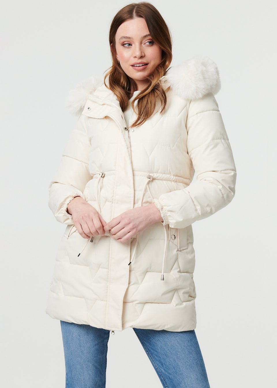 Izabel London White Faux Fur Hooded Tie Waist Puffer Jacket