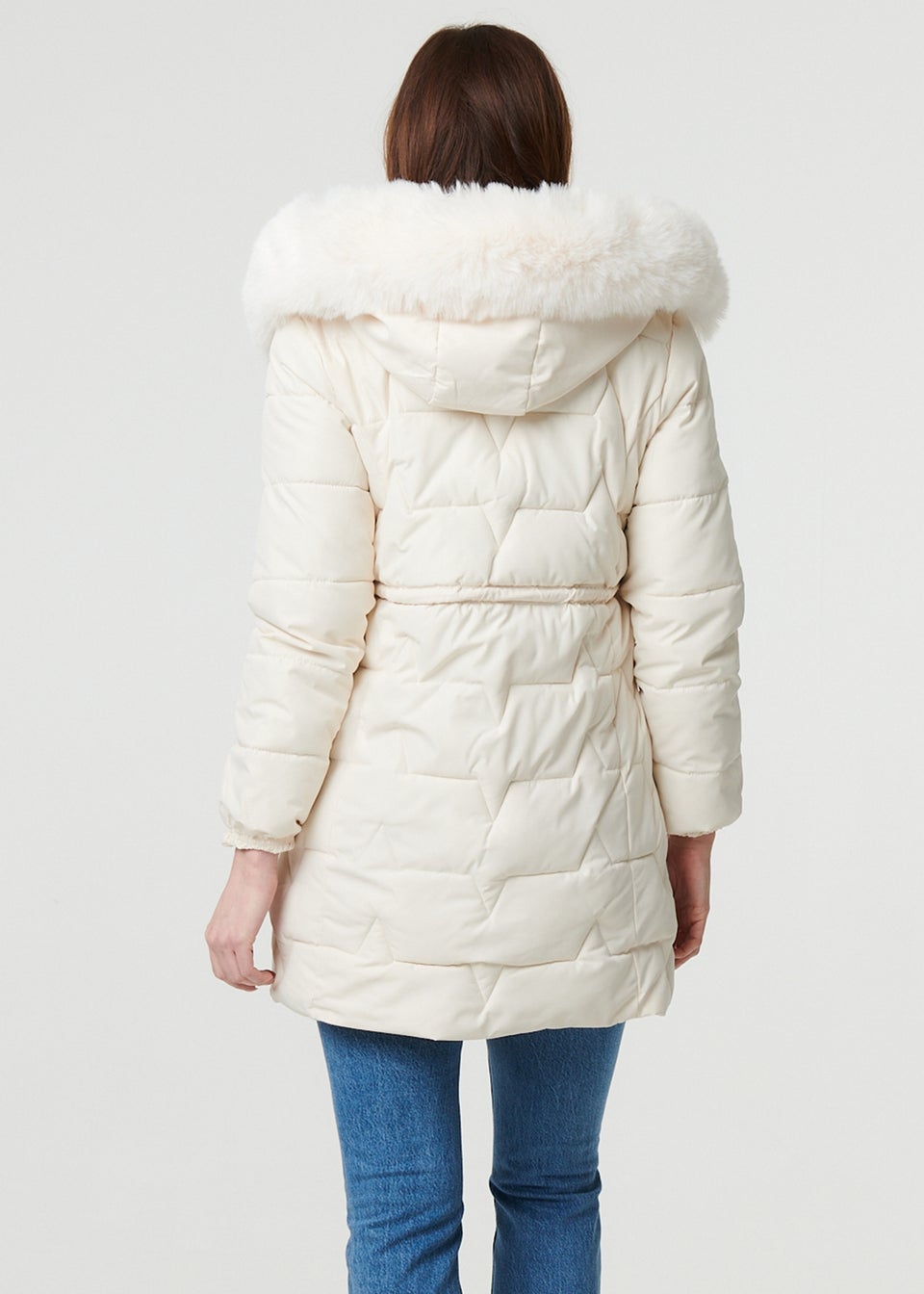 Izabel London White Faux Fur Hooded Tie Waist Puffer Jacket