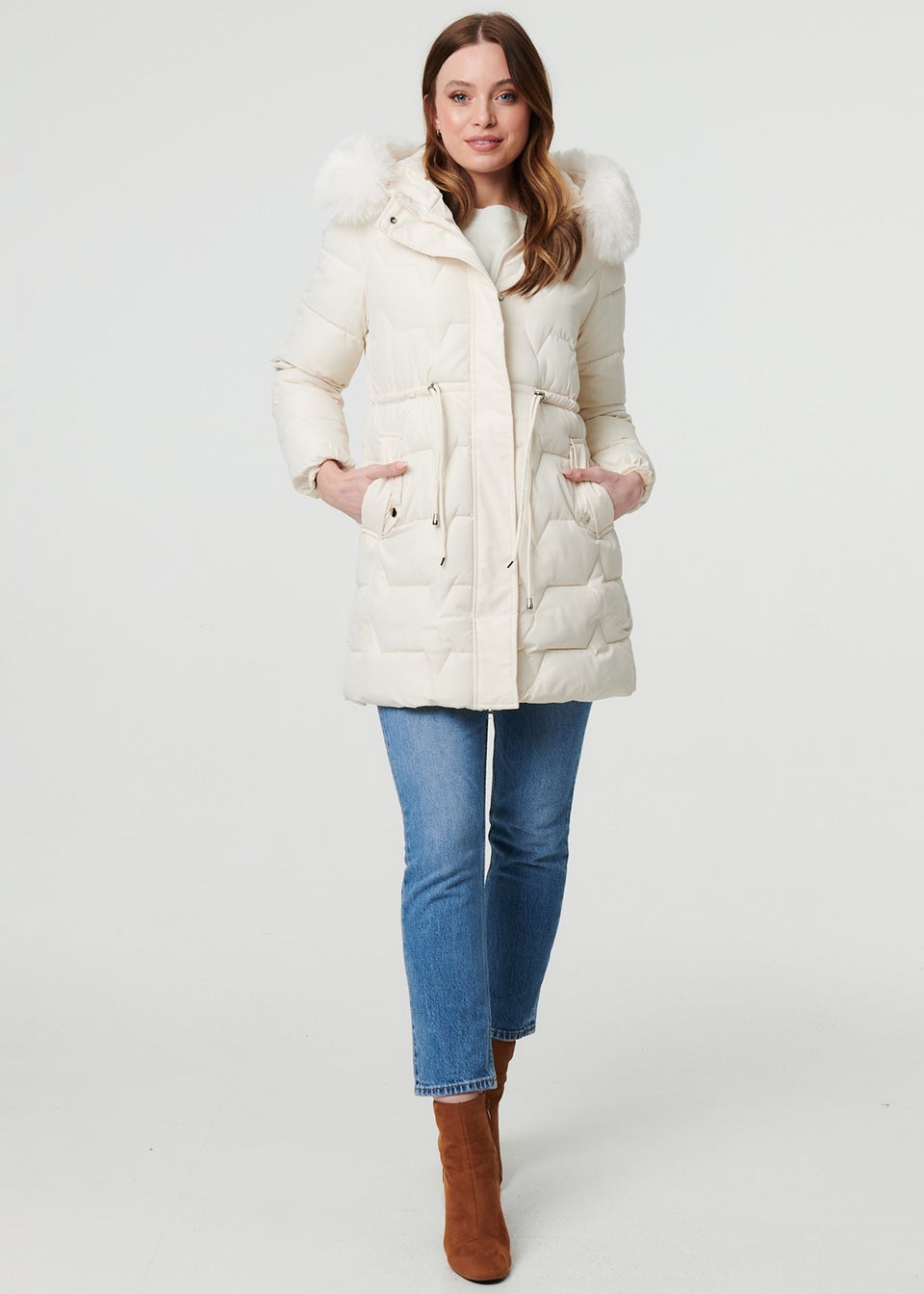 Izabel London White Faux Fur Hooded Tie Waist Puffer Jacket