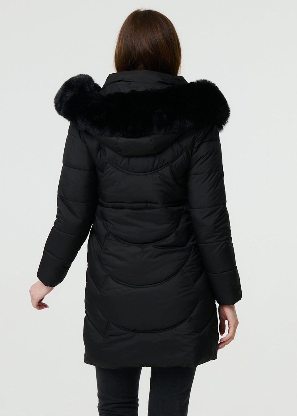 Izabel London Black Faux Fur Hood Longline Puffer Jacket