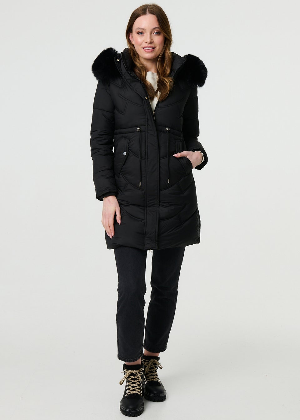 Izabel London Black Faux Fur Hood Longline Puffer Jacket