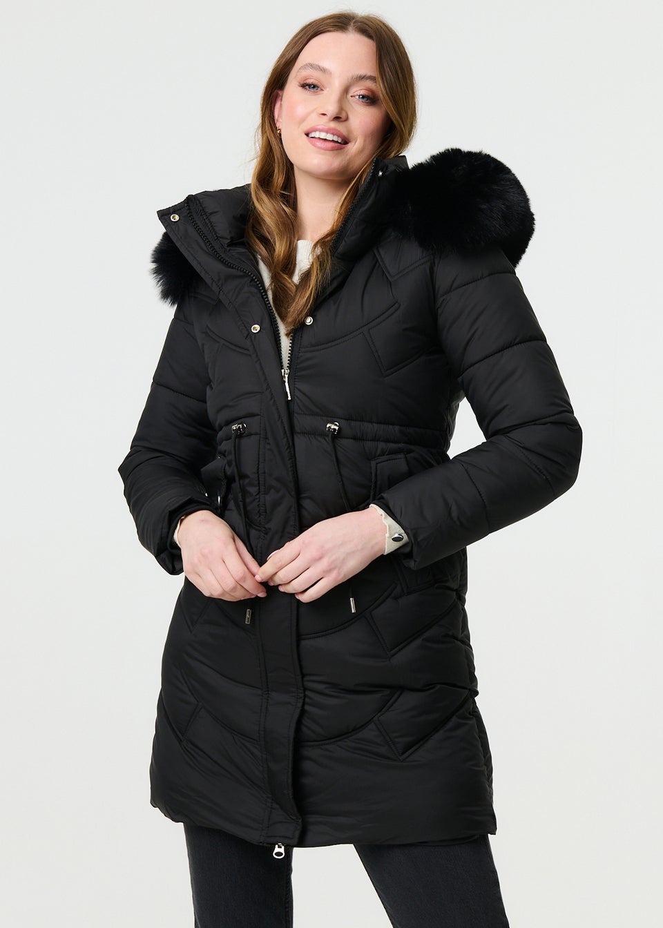 Izabel London Black Faux Fur Hood Longline Puffer Jacket