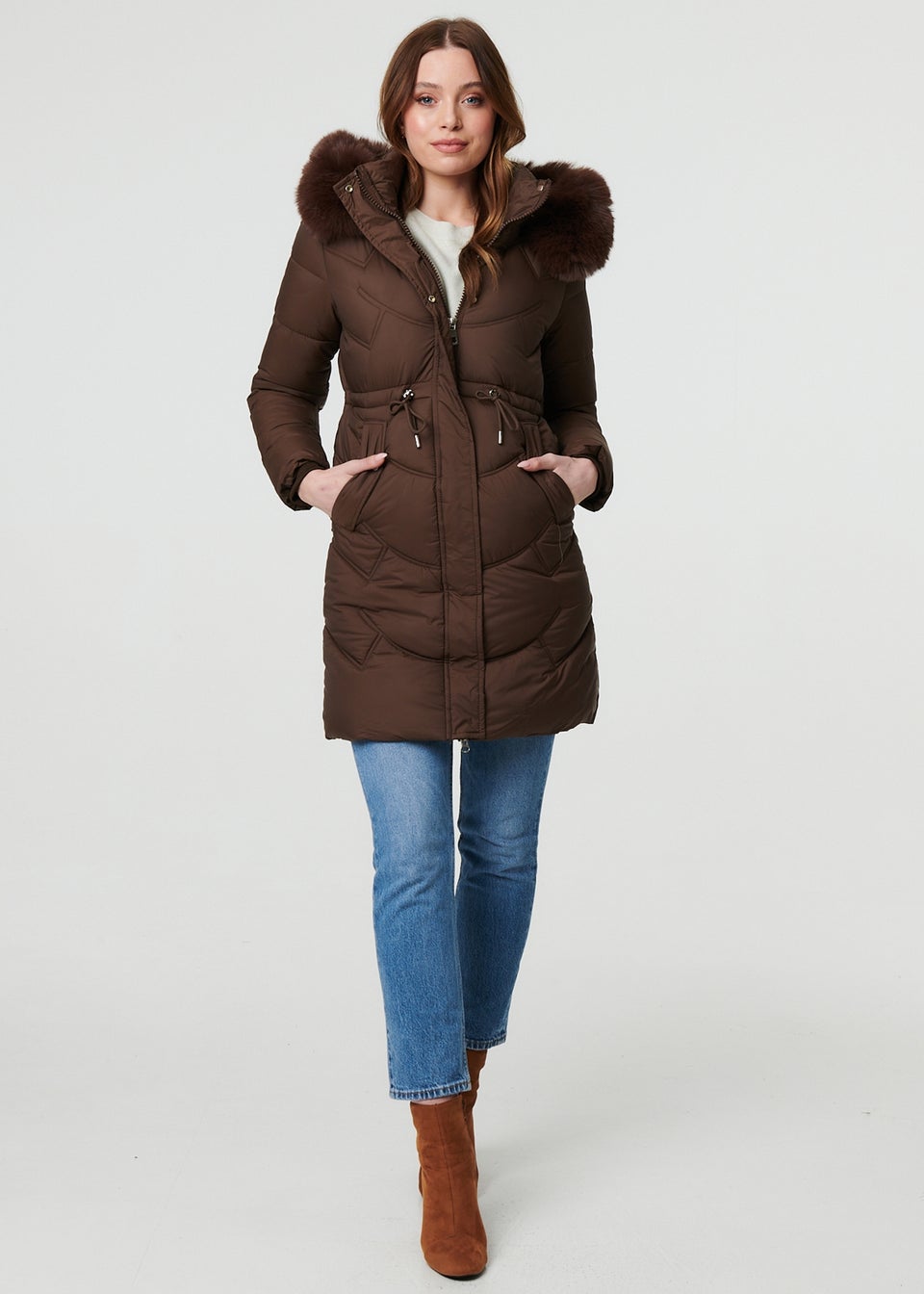 Izabel London Brown Faux Fur Hood Longline Puffer Jacket