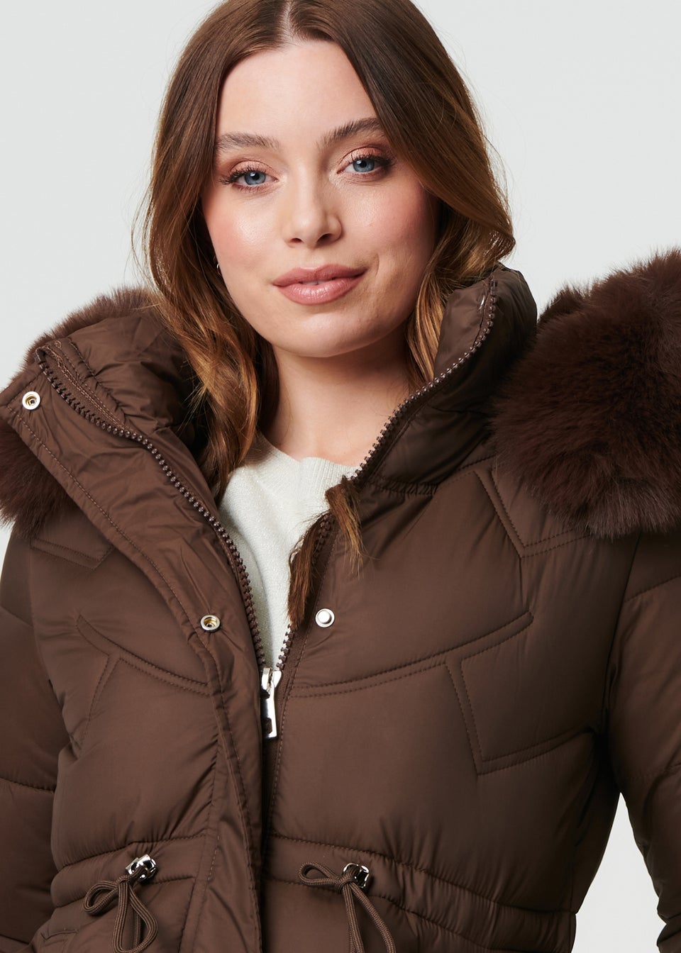 Izabel London Brown Faux Fur Hood Longline Puffer Jacket