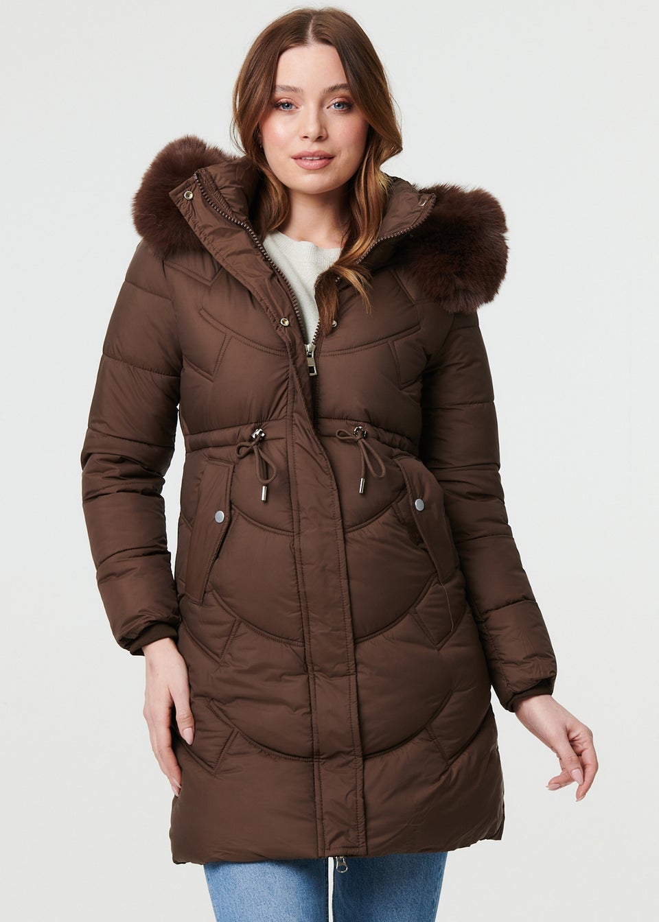 Izabel London Brown Faux Fur Hood Longline Puffer Jacket