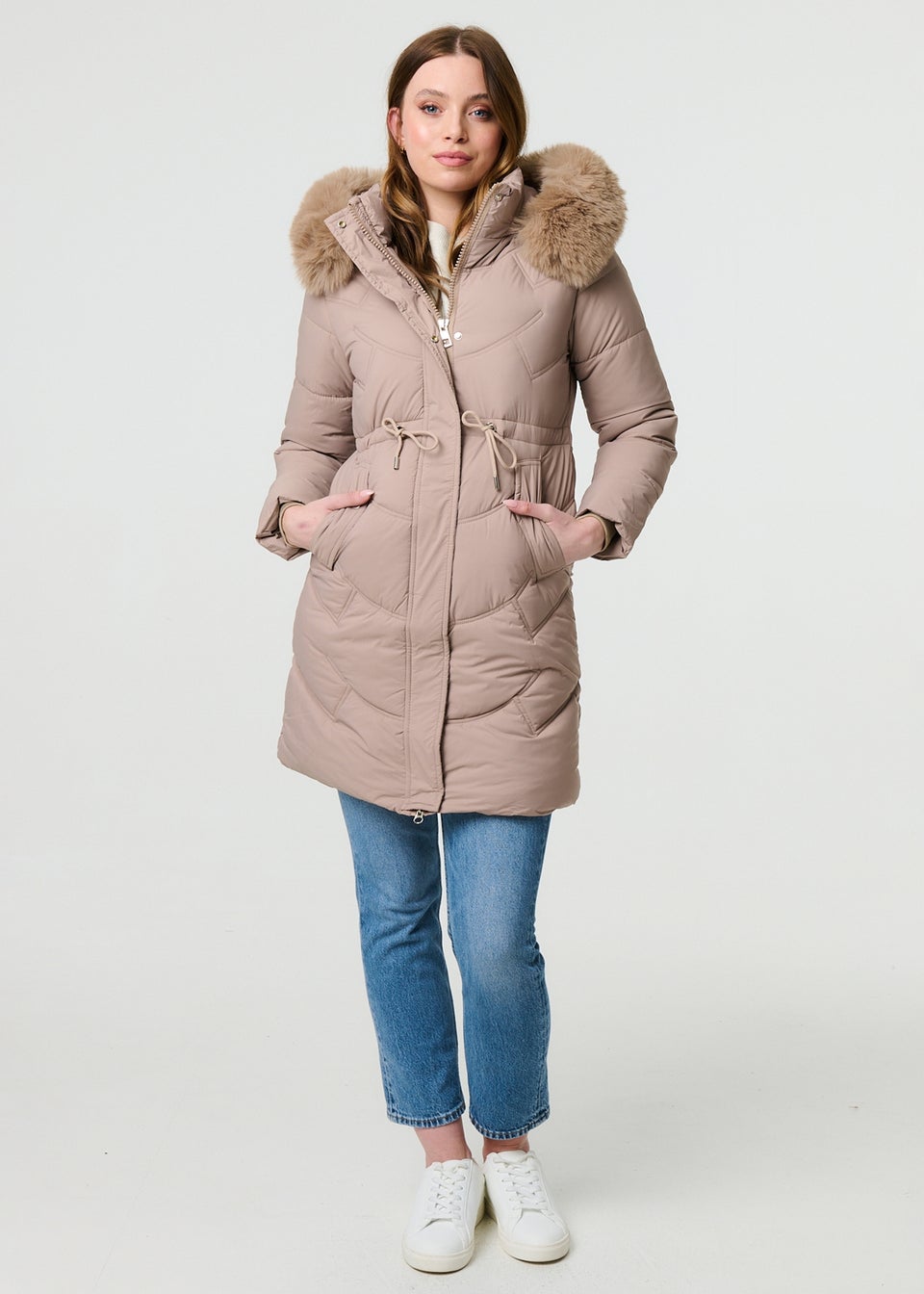 Izabel London Beige Faux Fur Hood Longline Puffer Jacket