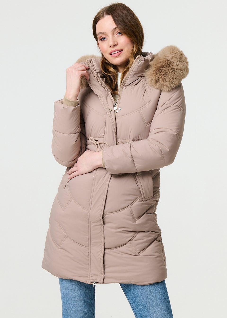 Izabel London Beige Faux Fur Hood Longline Puffer Jacket