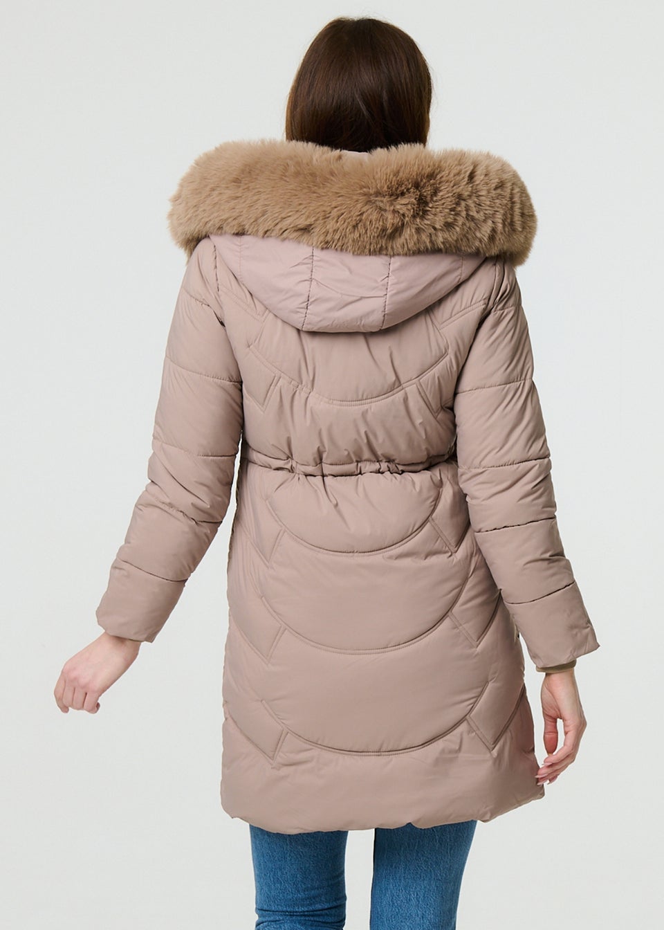 Izabel London Beige Faux Fur Hood Longline Puffer Jacket