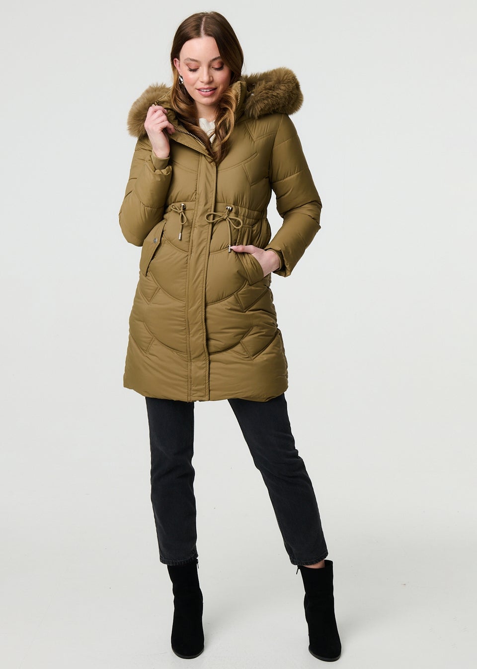 Izabel London Tan Faux Fur Hood Longline Puffer Jacket