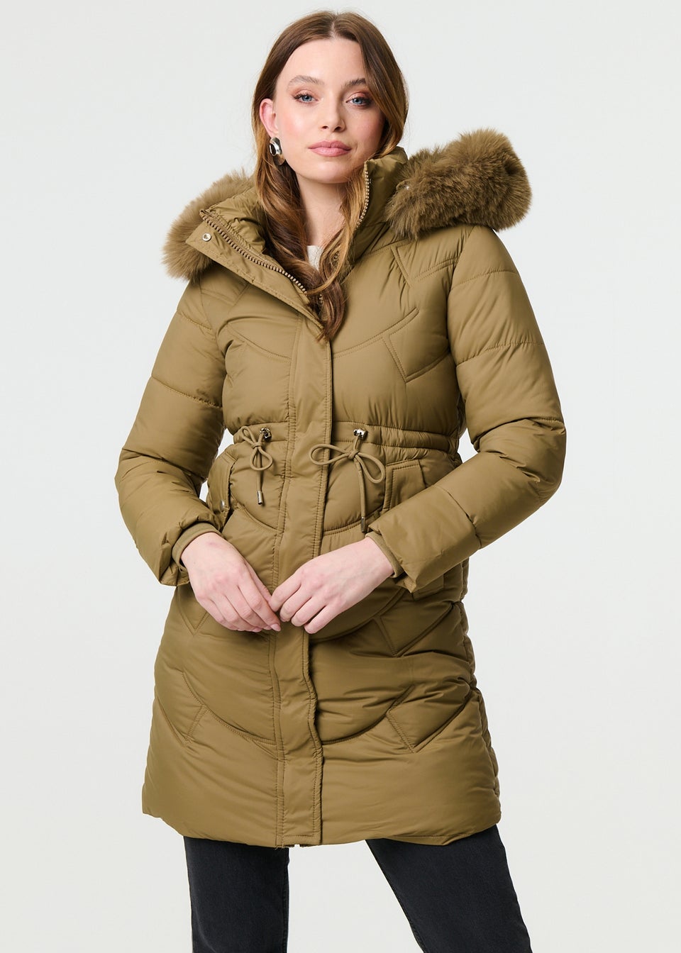 Izabel London Tan Faux Fur Hood Longline Puffer Jacket