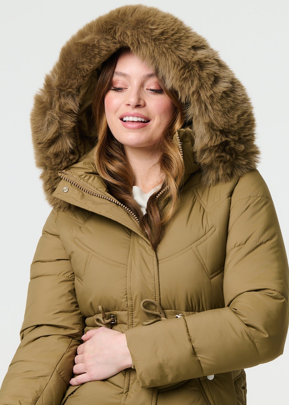 Izabel London Tan Faux Fur Hood Longline Puffer Jacket