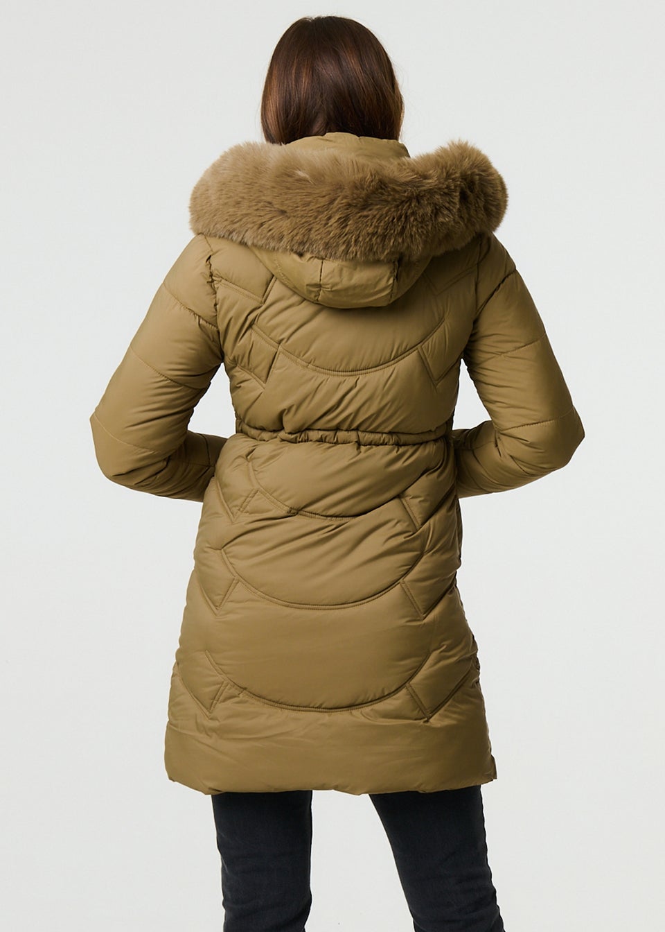 Izabel London Tan Faux Fur Hood Longline Puffer Jacket