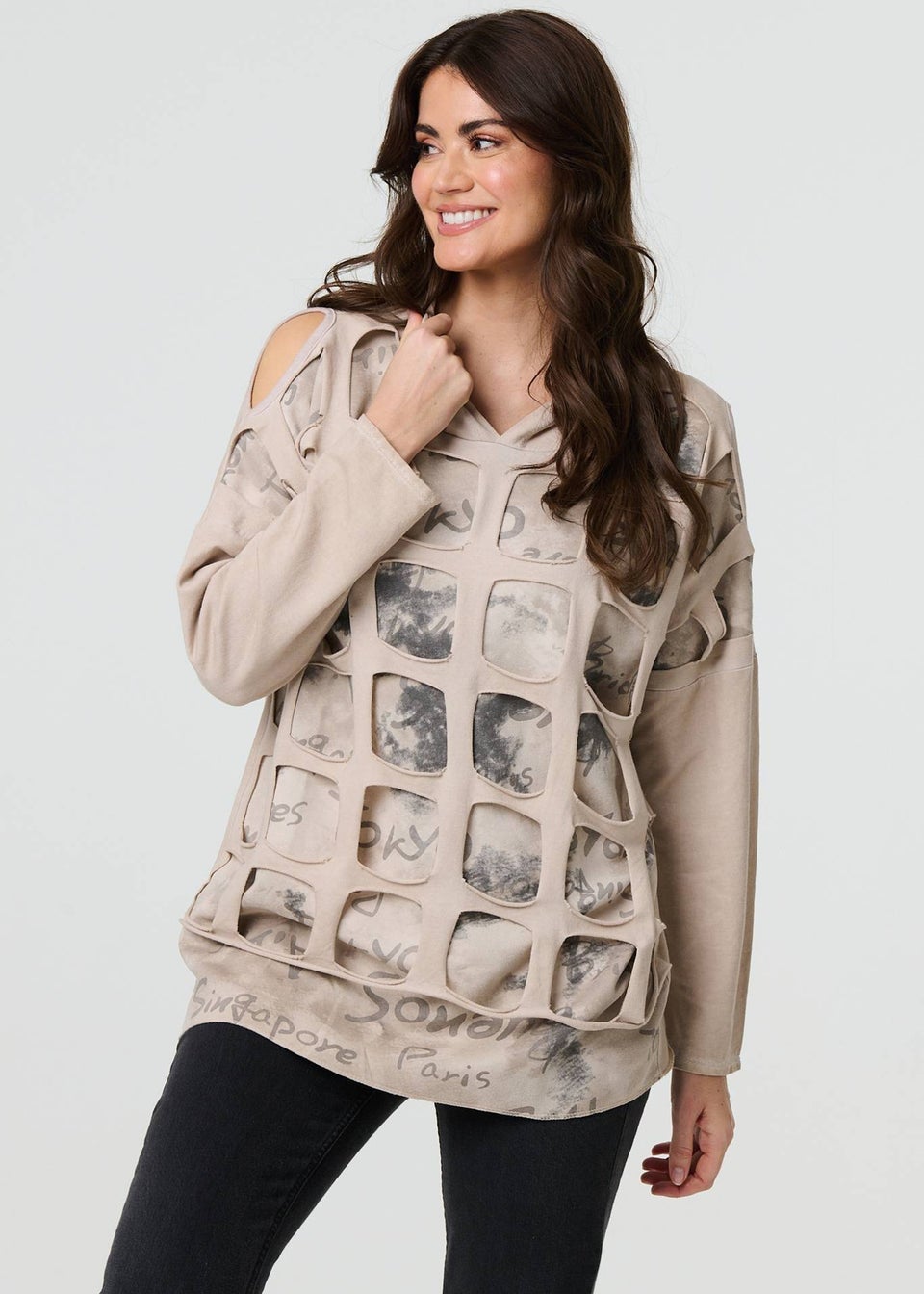 Izabel London Beige Graphic Print Cut Out Layer Hoodie