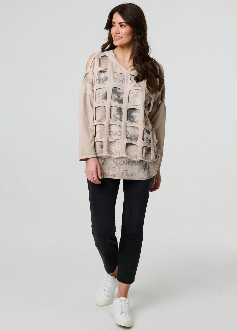 Izabel London Beige Graphic Print Cut Out Layer Hoodie