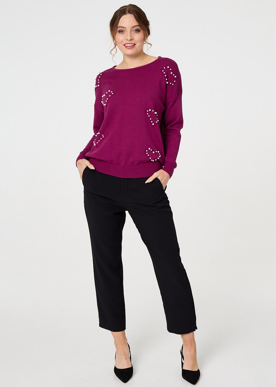 Izabel London Purple Heart Embellished Boat Neck Jumper