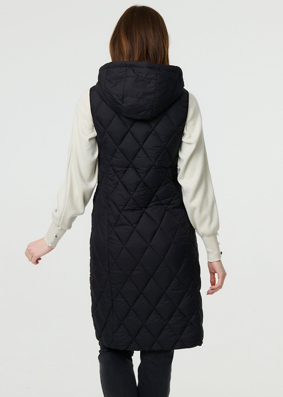 Izabel London Black Hooded Sleeveless Longline Puffer Gilet