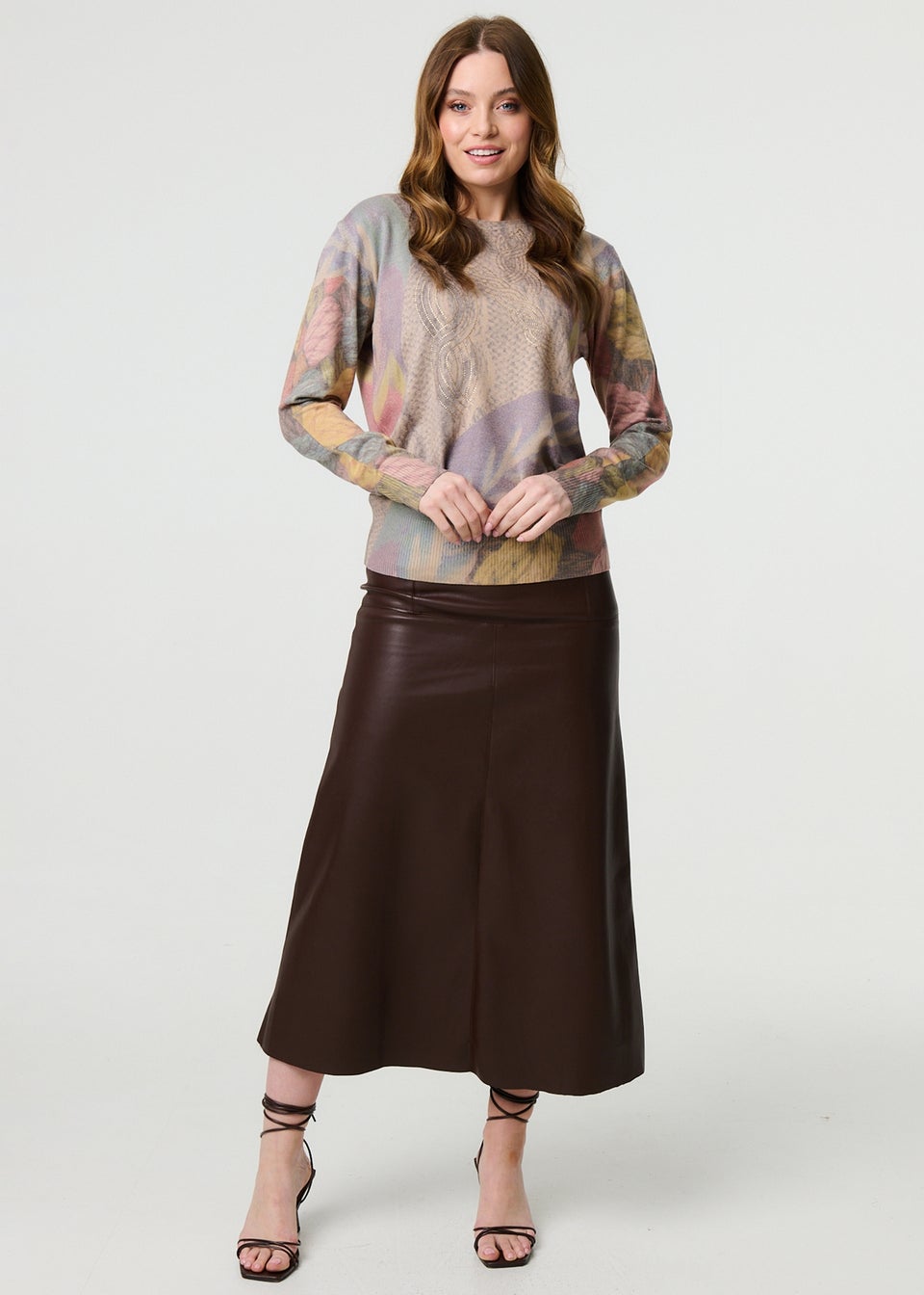 Izabel London Beige Abstract Long Sleeve Round Neck Knit Top