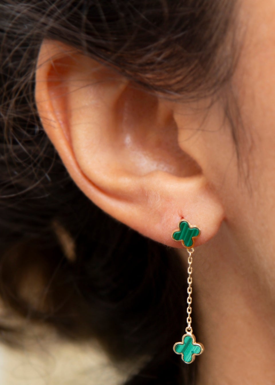 Golden Moments 9ct Yellow Gold  Green Clover Petals Drop Stud Earrings