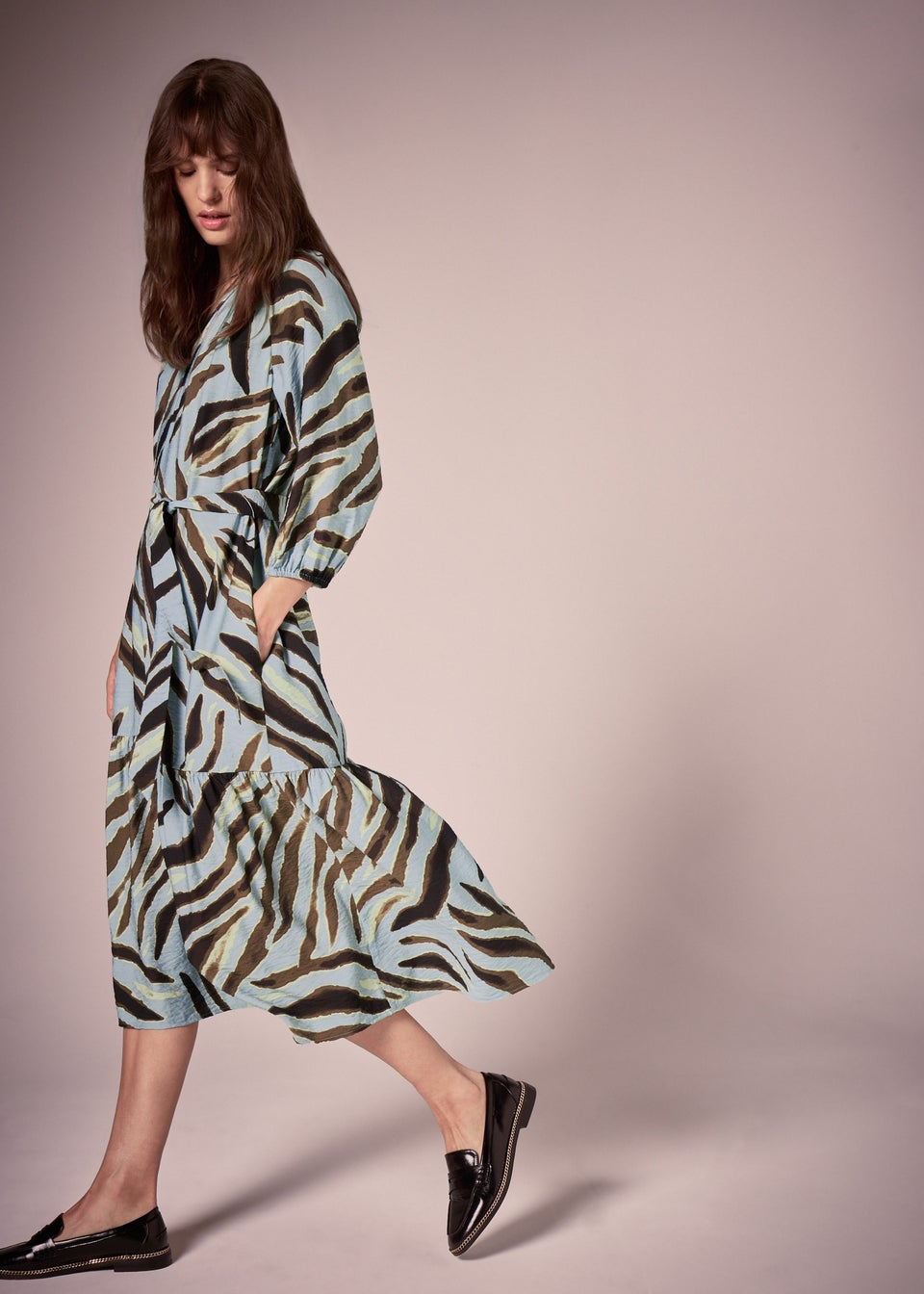 Et Vous Green Zebra Belted Midi Dress