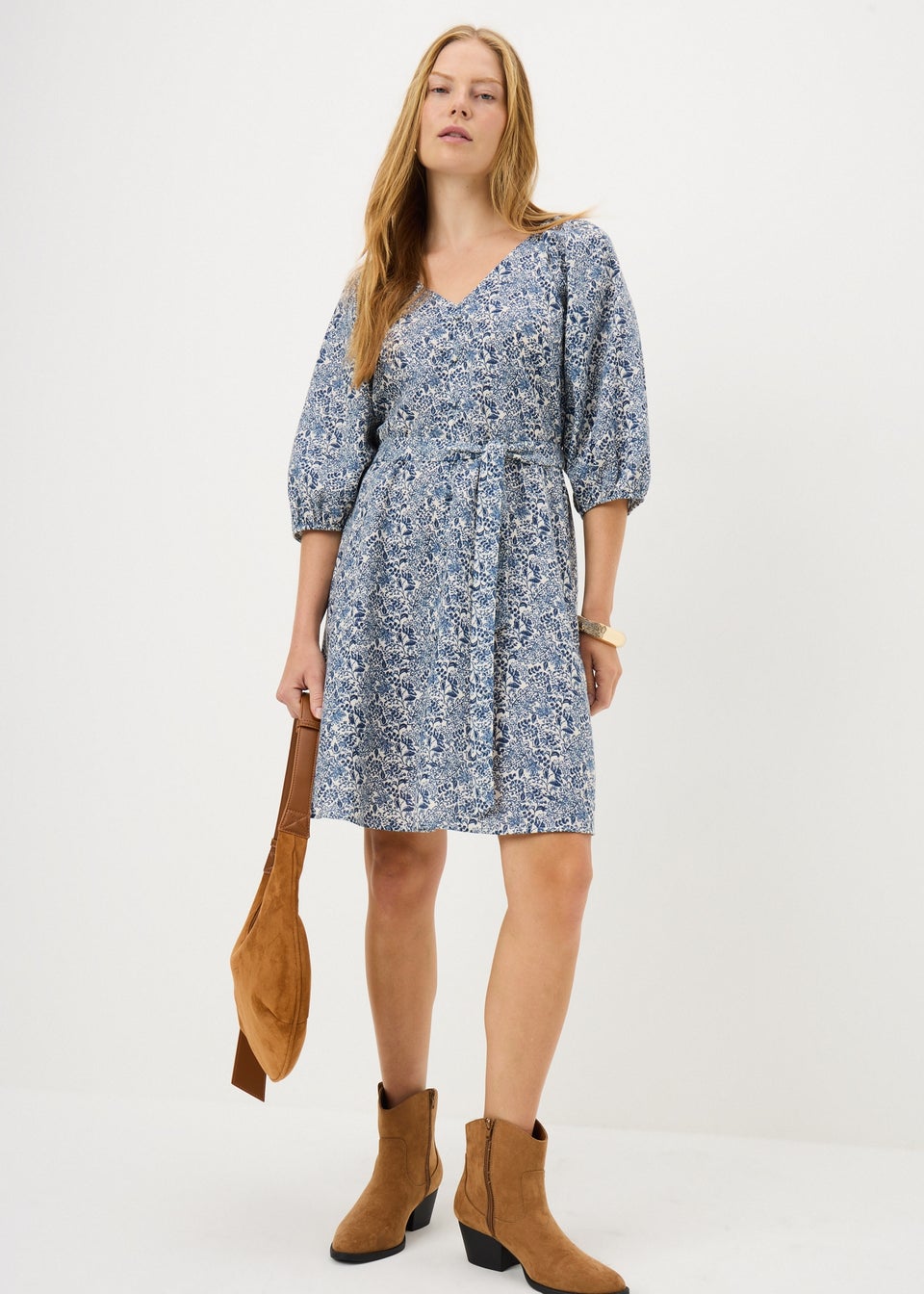 Navy Floral Print Belted Mini Dress