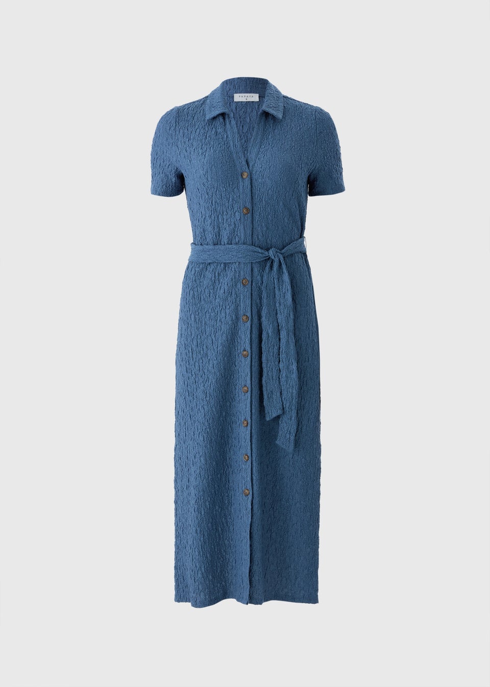 Blue Textured Midi Shirt Dress