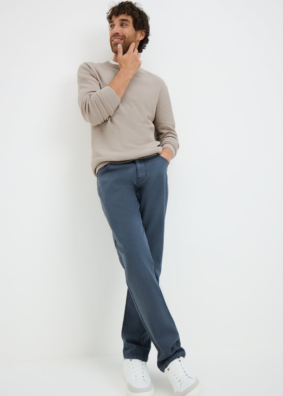 Ecru Textured Crew Neck Jumper