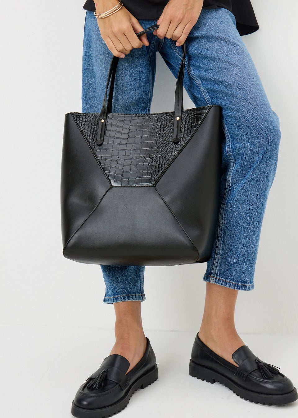 Black Faux Leather Croc Tote Bag