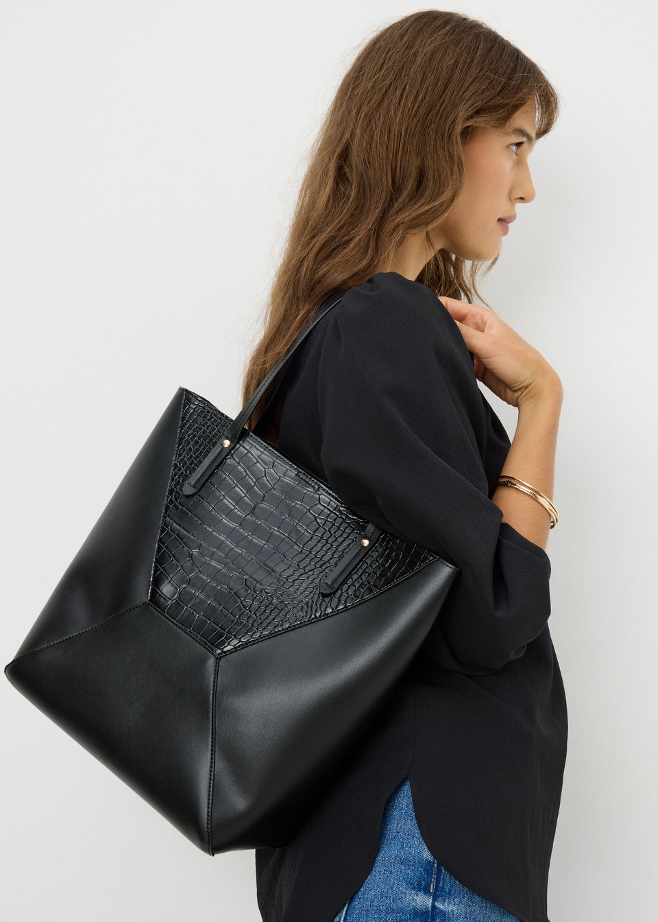 Black Faux Leather Croc Tote Bag
