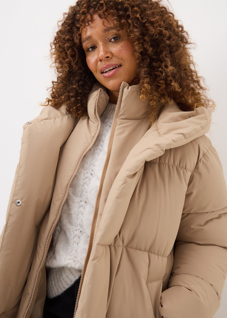 Beige Padded Long Wrap Coat