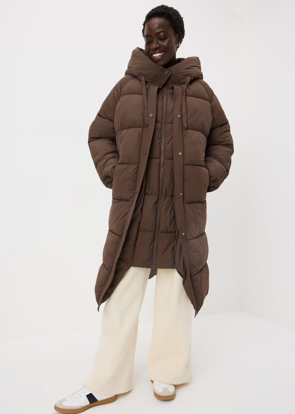 Brown Padded Long Showerproof Wrap Coat